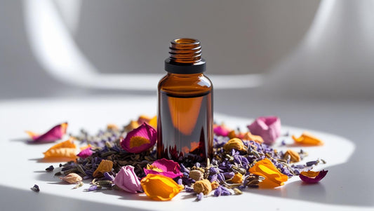 Amber glass essential oil bottles surrounded by dried flower petals