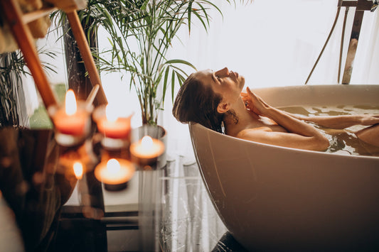 Woman relaxing in a peaceful bath with bubbles practicing mindfulness and self-care
